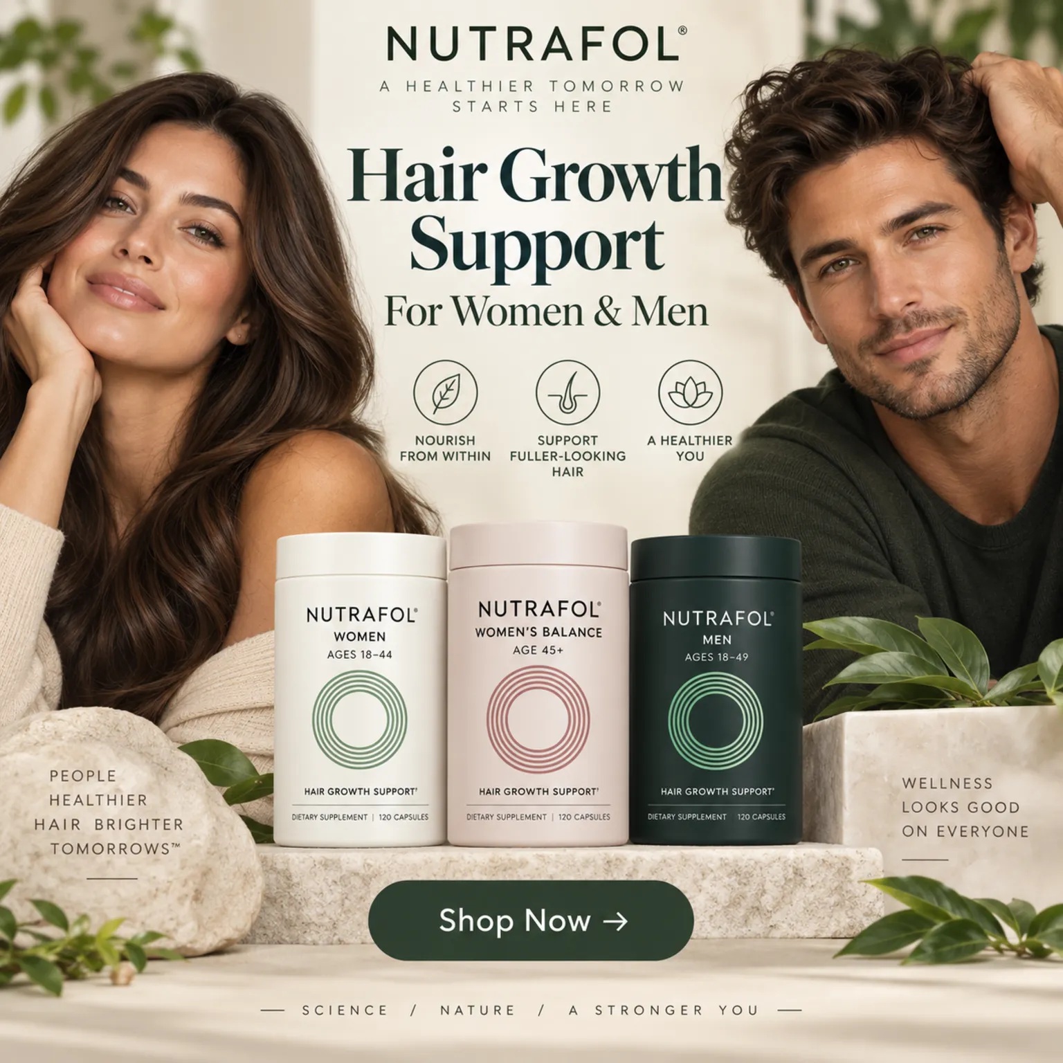 Woman and man with Nutrafol hair growth products for women and men